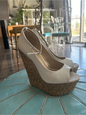 JustFab White Espadrille Wedge Peep-Toe with Ankle Strap